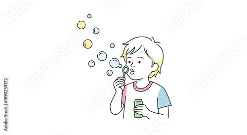 Child Blowing Bubbles With Straw.
