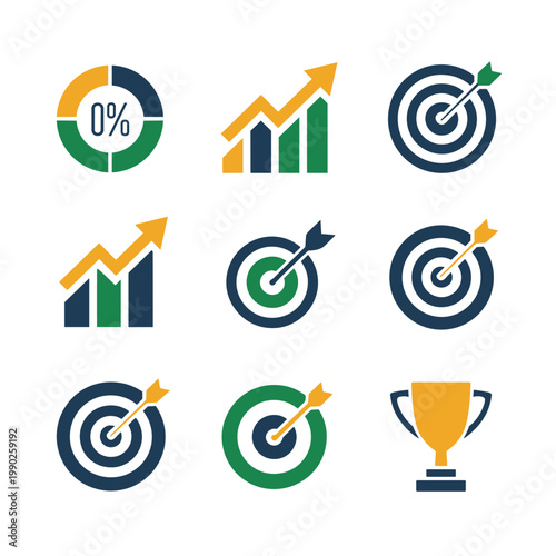 Illustrations depicting various stages of progress and achievement metrics