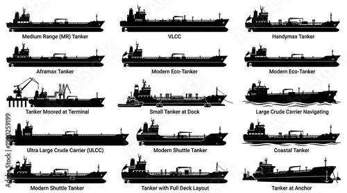 Shipping Tanker Types Illustration - Black and White Vector Icons