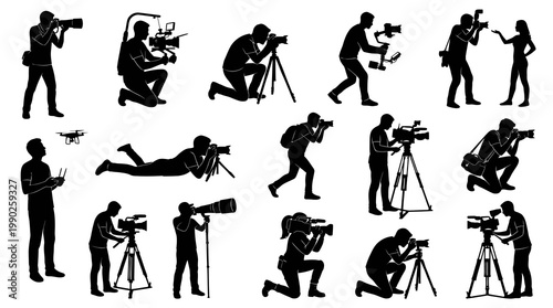 Black and White Silhouettes of Photographers and Videographers with Cameras and Drones
