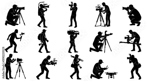 Black and White Silhouettes of Photographers and Videographers with Equipment