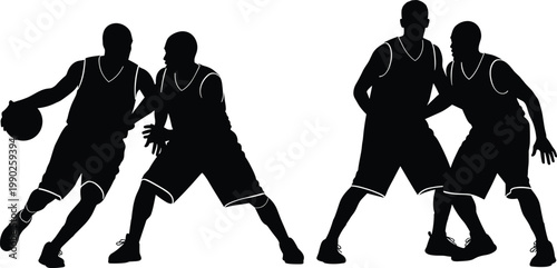 Action silhouette of basketball players dribbling and defending during intense game match, competitive sports athletes in motion on white background for commercial fitness design