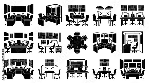 Media Broadcasting Recording Studio  Podcast Setups Black  White Glyph Vector Icons