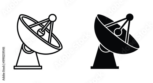 Satellite dish icon set in outline and solid black styles, parabolic antenna vector illustrations for telecommunications, wireless signal receiver symbols