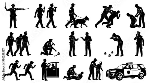 Police Law Enforcement Glyphs: Officers, Crime Scene, Arrest, Patrol  K9 Vector Silhouettes