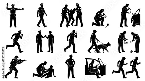 Police Officer Actions  Law Enforcement Black  White Silhouettes Collection