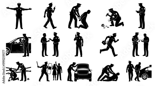 Police Officers Silhouette Vector Glyphs - Law Enforcement Actions, Crime, Arrest, Justice