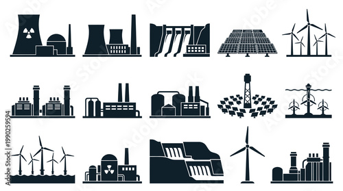 Energy Power Plants and Renewable Sources Glyph Icons Collection