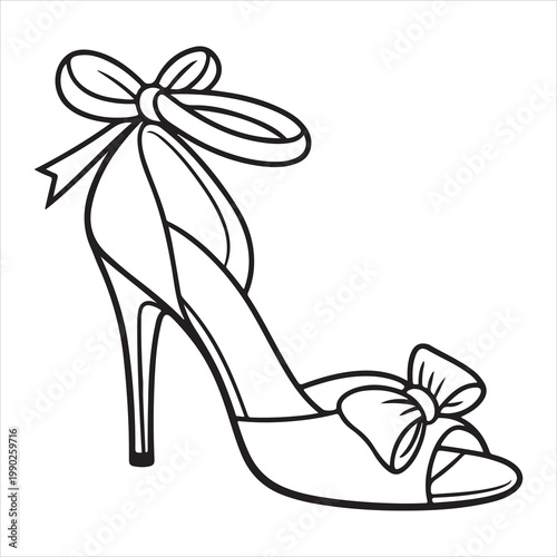A high heeled shoe with a bow on the toe and ankle strap