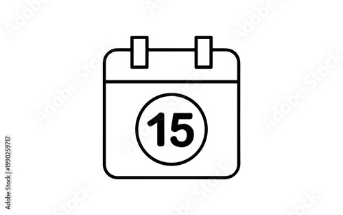 A straightforward black and white outline icon of a calendar prominently displays the number 15 encircled, marking a specific date or event.