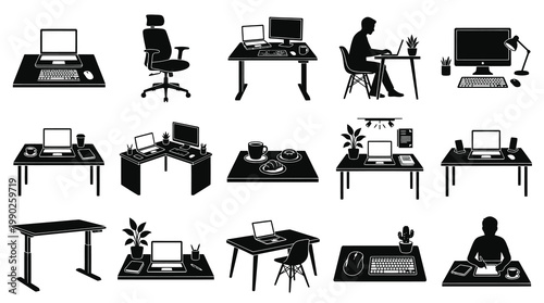 Modern Office Desk Setup Vector Icons with Laptops and Computers