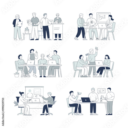 Illustrations of diverse office collaboration and remote work scenarios