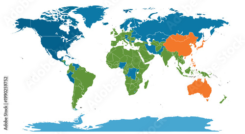 A political world map illustrating continents and countries with different regions highlighted in blue, green, and orange, set against a white background.