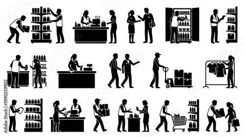 Retail Store Staff Glyph Icons Set - Shopping, Stocking, Checkout  Delivery Worker Silhouettes