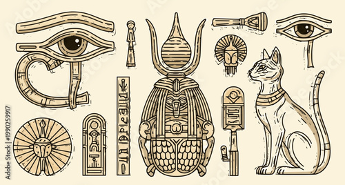 Ancient Egypt vintage art hipster line art Illustration vector with eye of horus, Sacred scarab and Cat