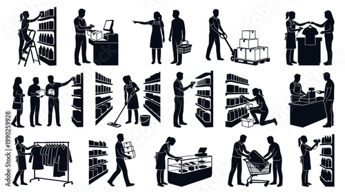 Retail Supermarket Workers and Customers Activities Silhouette Vector Set