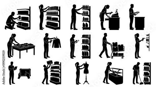 Black and white silhouettes of retail workers performing various tasks in a store