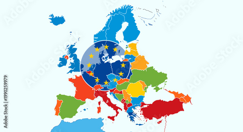 Map of Europe showing the European Union with member states highlighted in different colors and a central circular graphic of the EU flag.