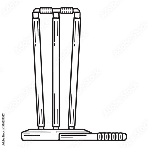 A black and white drawing of a cricket bat and wickets