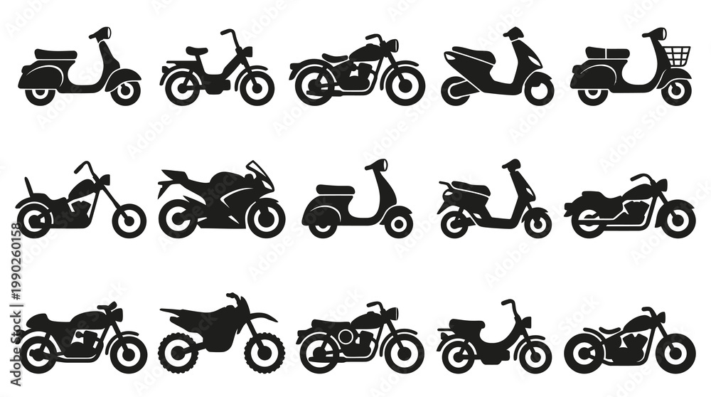 Fototapeta premium Automotive Motorcycles and Scooters Glyph Silhouette Icon Set
