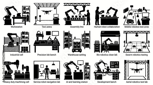 Industrial robotics automation and technology concept icons, glyph art