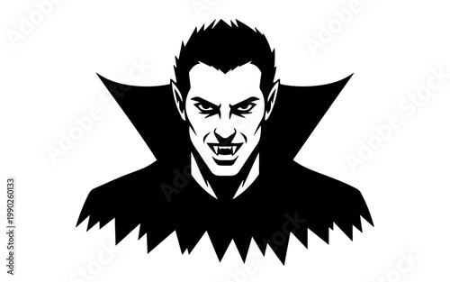 An intimidating black and white icon portrays a male vampire with sharp fangs and a high-collared cape, exuding a classic gothic horror aesthetic.