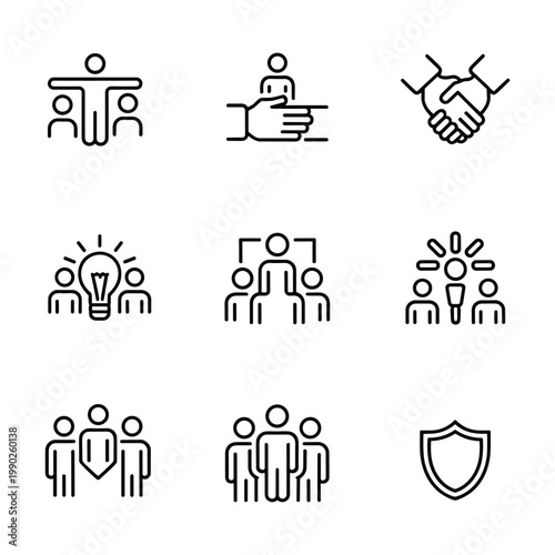 Icons representing various aspects of teamwork, collaboration, and organizational concepts