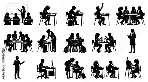 Education Silhouettes: Students Learning, Teaching, Studying Together