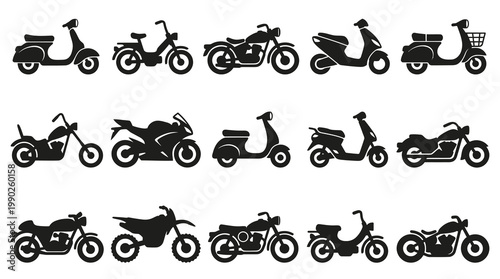 Automotive Motorcycles and Scooters Glyph Silhouette Icon Set