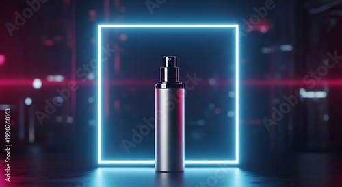 A sleek silver skincare product bottle with a dropper lid stands in front of a neon blue square on a dark background