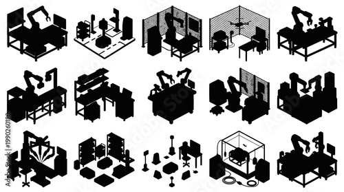 Robotics Automation Factory Workstation Isometric Glyph Set
