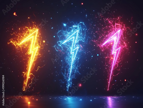 Energetic lightning bolts illuminating the night sky with vibrant neon colors and particles