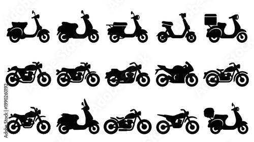 Automotive Motorcycles and Scooters Vector Silhouettes Icon Set