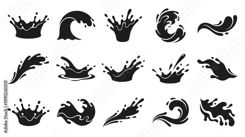 Black and White Water Splash Icons, Liquid Drops, Waves, and Splashes Vector Art