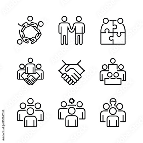 Nine icons representing various concepts of teamwork and collaboration