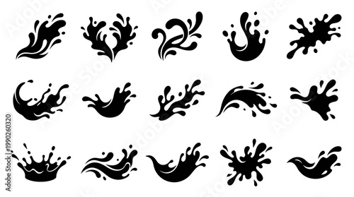 Black Glyph Liquid Splashes Icons Set for Water, Milk, Beverage, and Fluid Design