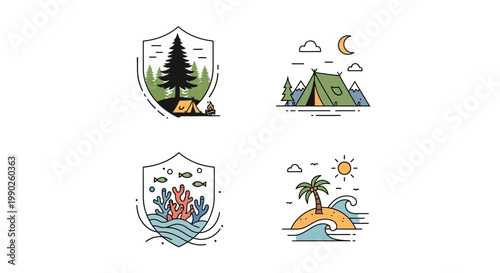 Travel and outdoor adventure icons set.