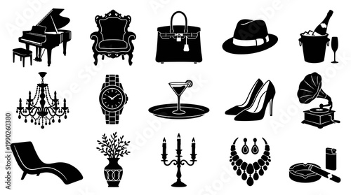 Luxury Lifestyle Icons: Piano, Chair, Bag, Hat, Champagne, Watch, Heels, Gramophone, Necklace