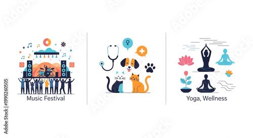 Set of illustrations: music festival, pets, yoga and wellness