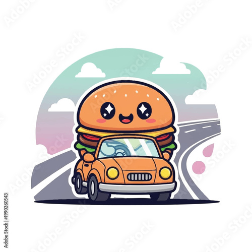 Cute Kawaii Burger Driving A Car On Road.