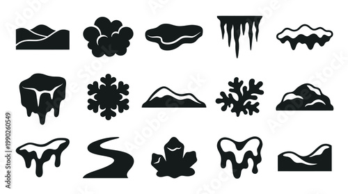 Winter Weather Ice Glyph Icons Set: Snow, Icicles, Snowflake, Frozen Nature  Landscape Silhouettes