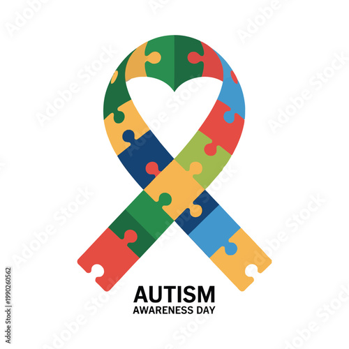Colorful Autism Awareness Ribbon with Puzzle Pieces.