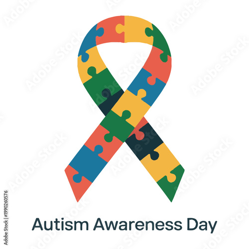 Autism Awareness Day Ribbon with Puzzle Pieces.