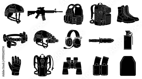 Black and White Glyph Icons of Military Gear and Equipment