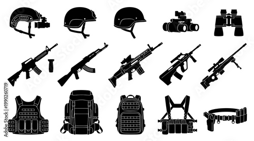Military Equipment Icons: Black and White Military Gear Vector Art