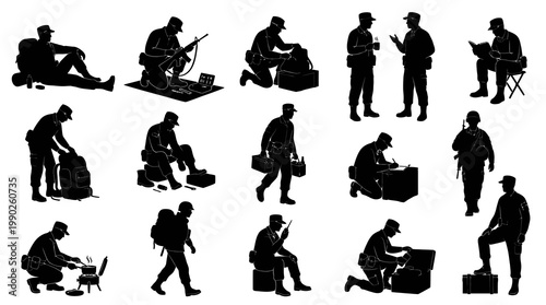 Military Soldiers Daily Life Black and White Silhouette Icons Set - Army Personnel Activities
