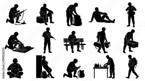 Military Soldiers Silhouettes Vector Set: Army Personnel Black  White Glyphs