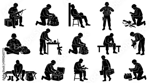 Soldier Silhouette Icons: Military, War, Army, Tactics, Gear, Equipment, Actions