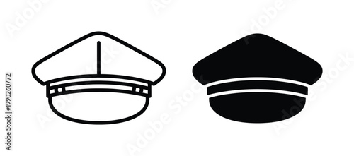 Pilot hat vector icons, airline captain cap line art and silhouette, professional aviation uniform headwear, police and chauffeur service symbols