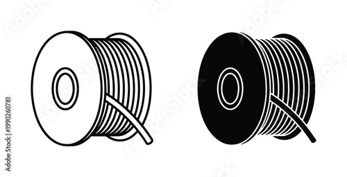 Industrial 3D printer filament spool icons, plastic wire reel vector set, black and white coil of printing material for additive manufacturing